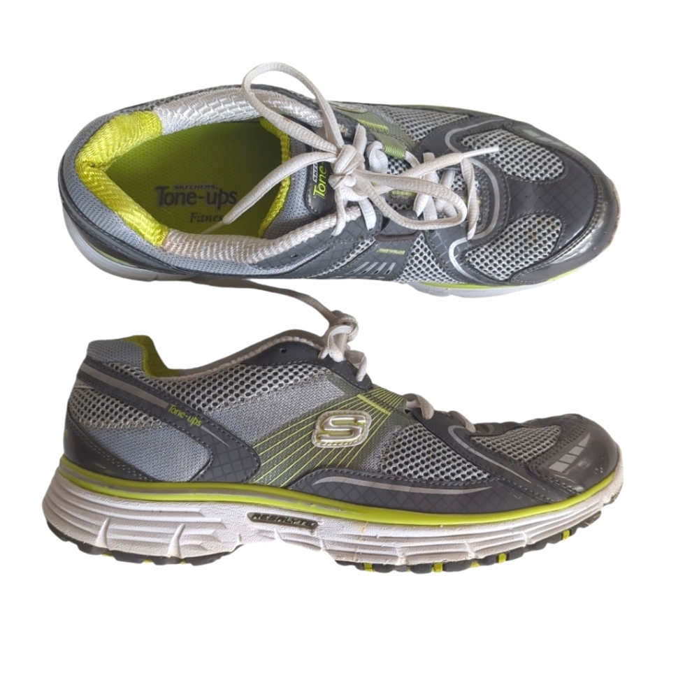 Skechers Tone Ups Fitness Workout Athletic Sneakers 10 Charcoal Lime Lace Up